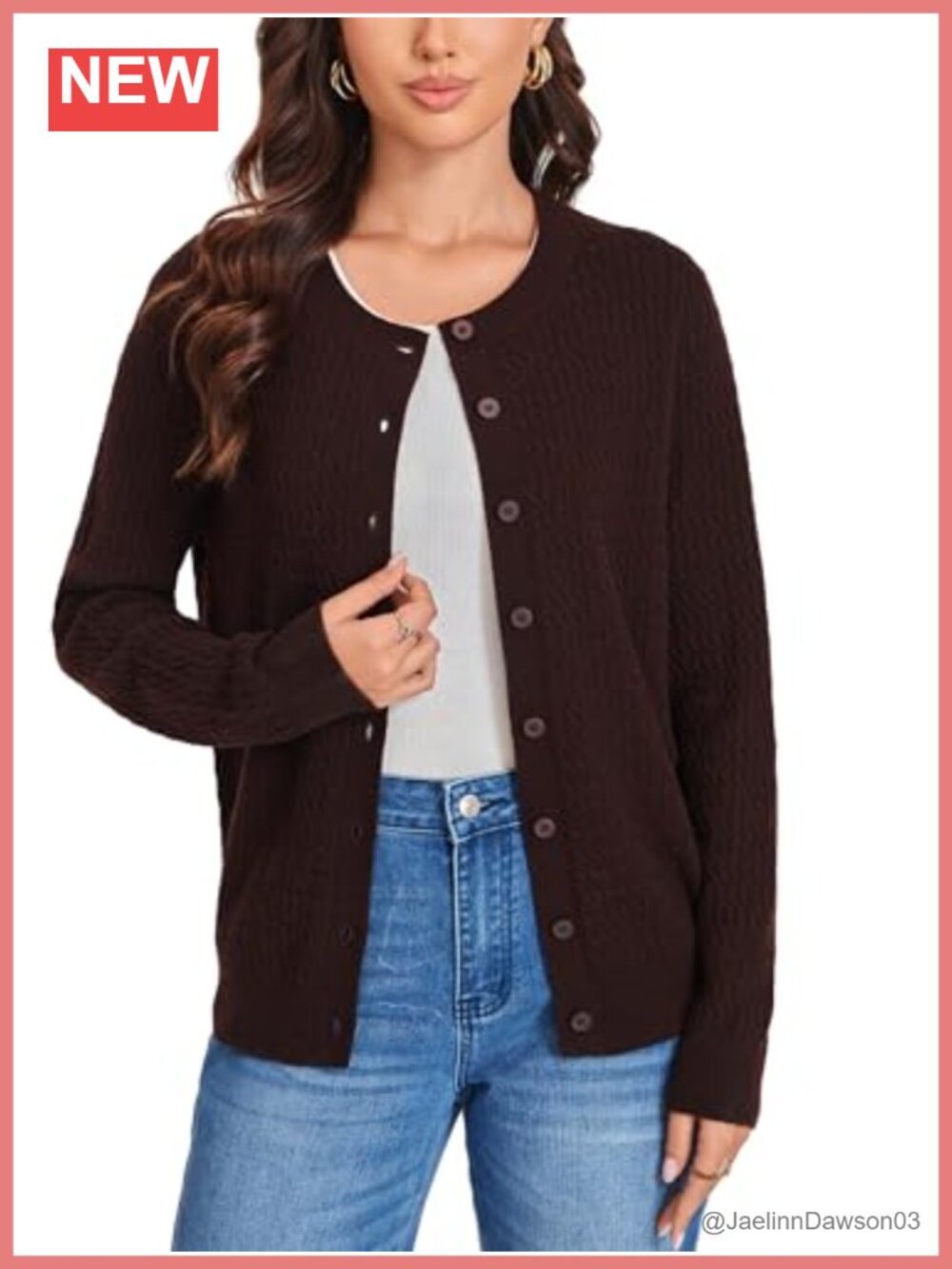 Merino Wool Cable Knit Cardigan Button Up Crew Neck Sweater